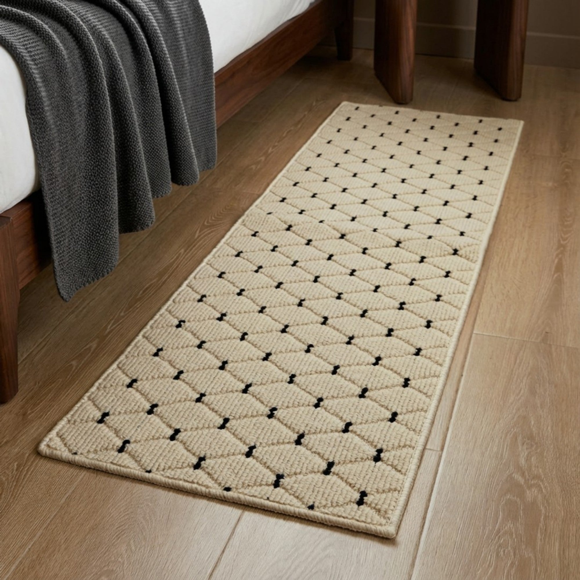 Anna-Kaci Neutral Diamond Pattern Woven Runner Rug Low Profile Bedroom Floor Runner