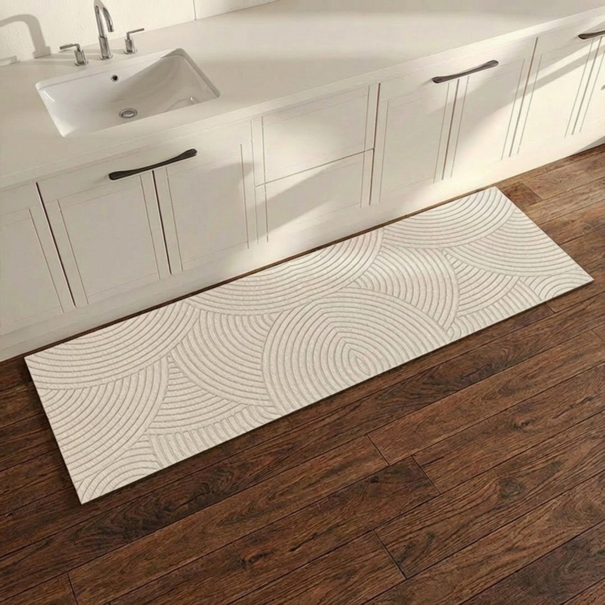 Anna-Kaci Neutral Arc Pattern Kitchen Runner and Mat Set Non Slip Textured Floor Mats 2 Pack