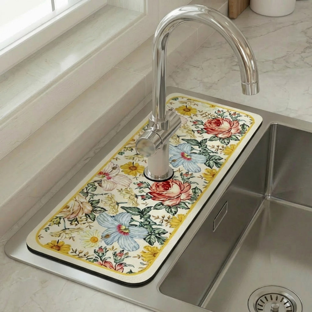 Anna-Kaci Floral Kitchen Sink Faucet Splash Guard Mat with Absorbent Surface Decorative Counter Protector 2 Pack Set