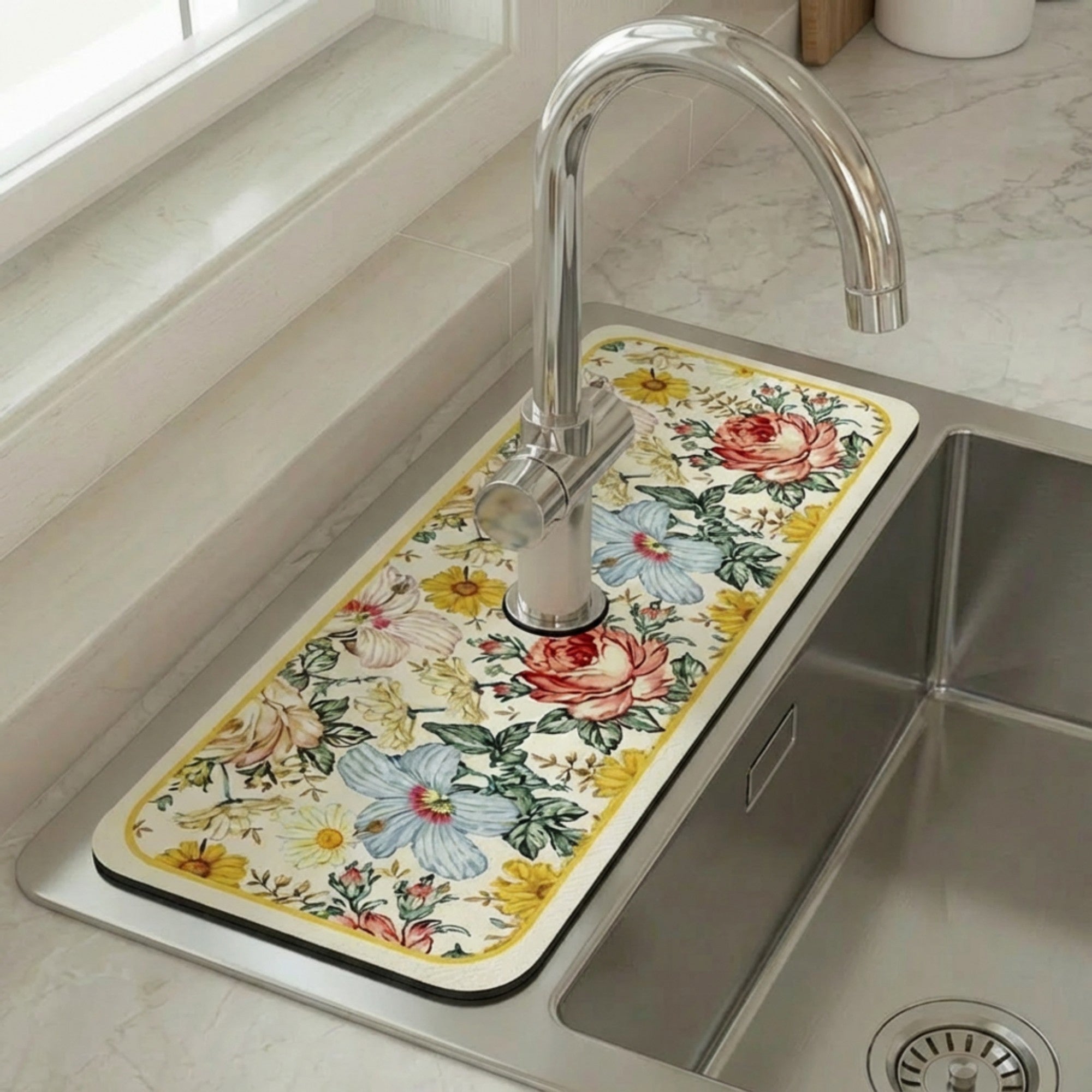 Anna-Kaci Floral Kitchen Sink Faucet Splash Guard Mat with Absorbent Surface Decorative Counter Protector 2 Pack Set