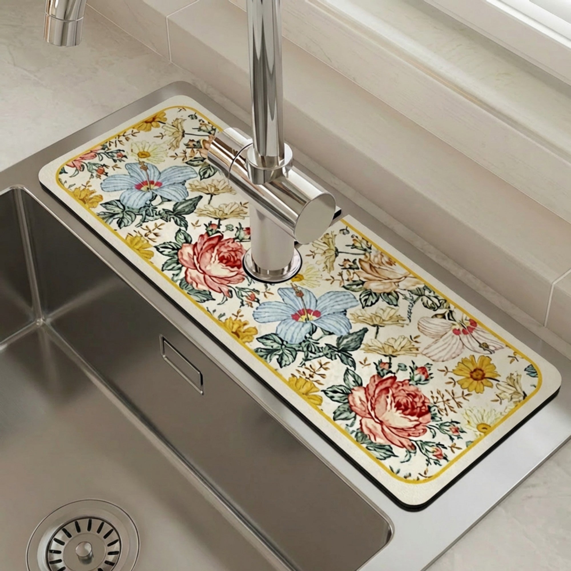 Anna-Kaci Floral Kitchen Sink Faucet Splash Guard Mat with Absorbent Surface Decorative Counter Protector 2 Pack Set