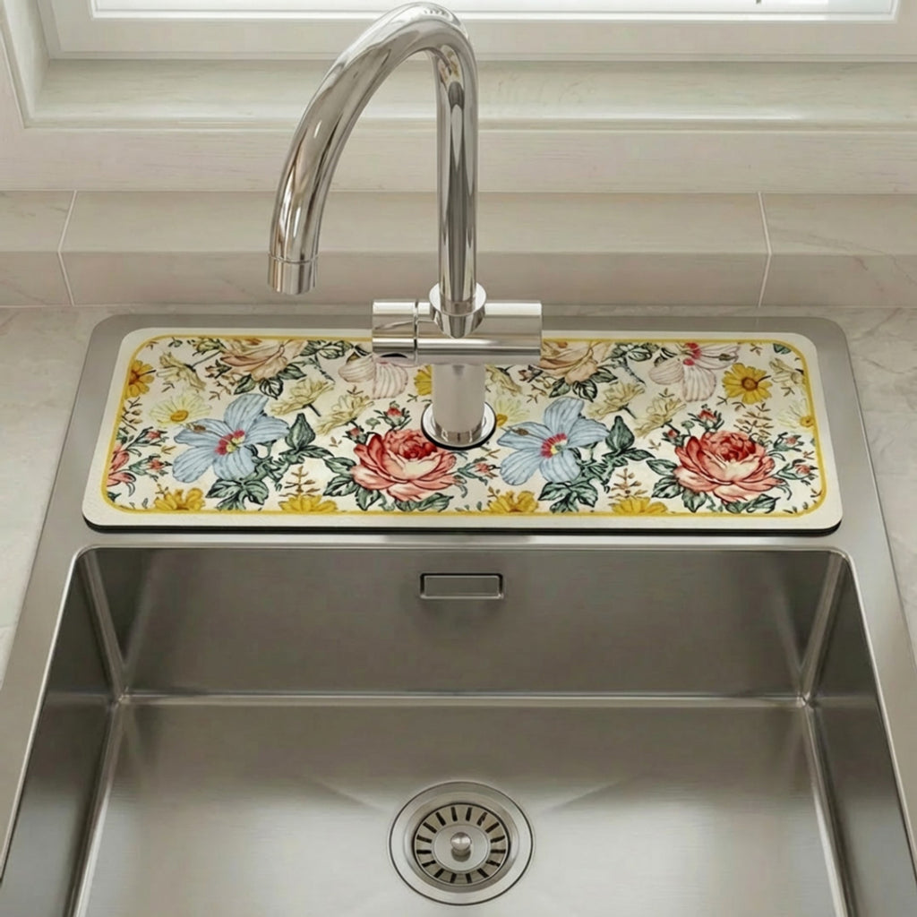 Anna-Kaci Floral Kitchen Sink Faucet Splash Guard Mat with Absorbent Surface Decorative Counter Protector 2 Pack Set