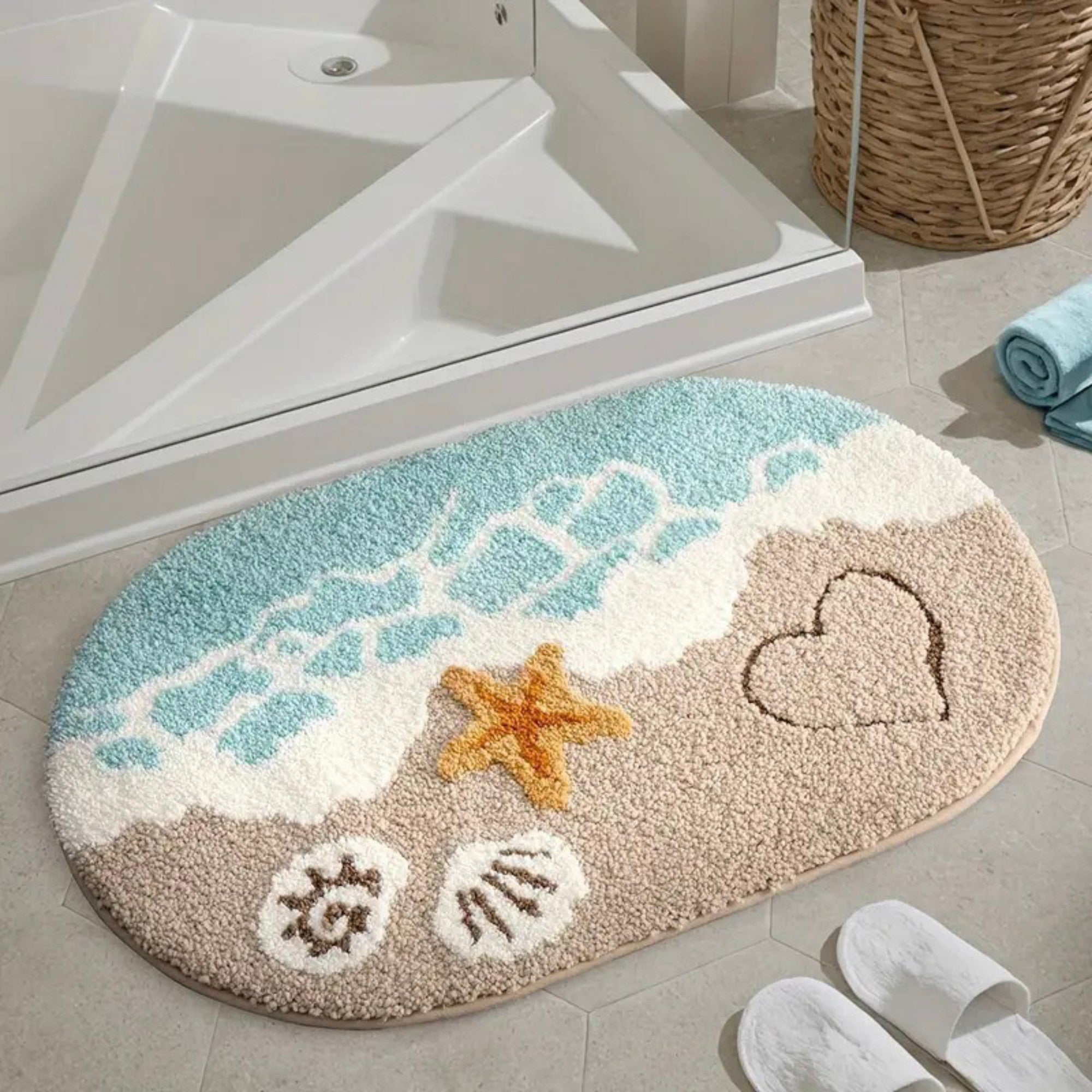 Anna-Kaci Beach Inspired Tufted Bathroom Bath Mats Set with Seashell Starfish Pattern Soft Plush Texture 2 Piece Set