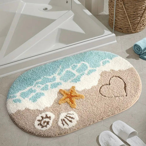Anna-Kaci Beach Inspired Tufted Bathroom Bath Mats Set with Seashell Starfish Pattern Soft Plush Texture 2 Piece Set