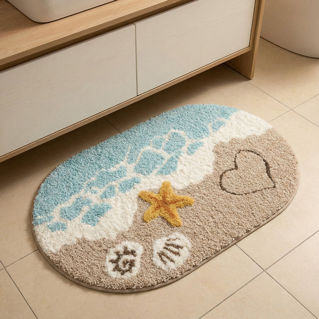 Anna-Kaci Beach Inspired Tufted Bathroom Bath Mats Set with Seashell Starfish Pattern Soft Plush Texture 2 Piece Set