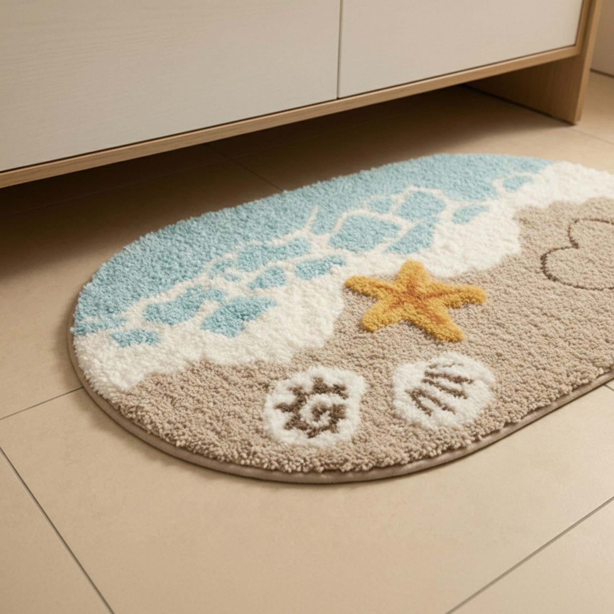 Anna-Kaci Beach Inspired Tufted Bathroom Bath Mats Set with Seashell Starfish Pattern Soft Plush Texture 2 Piece Set
