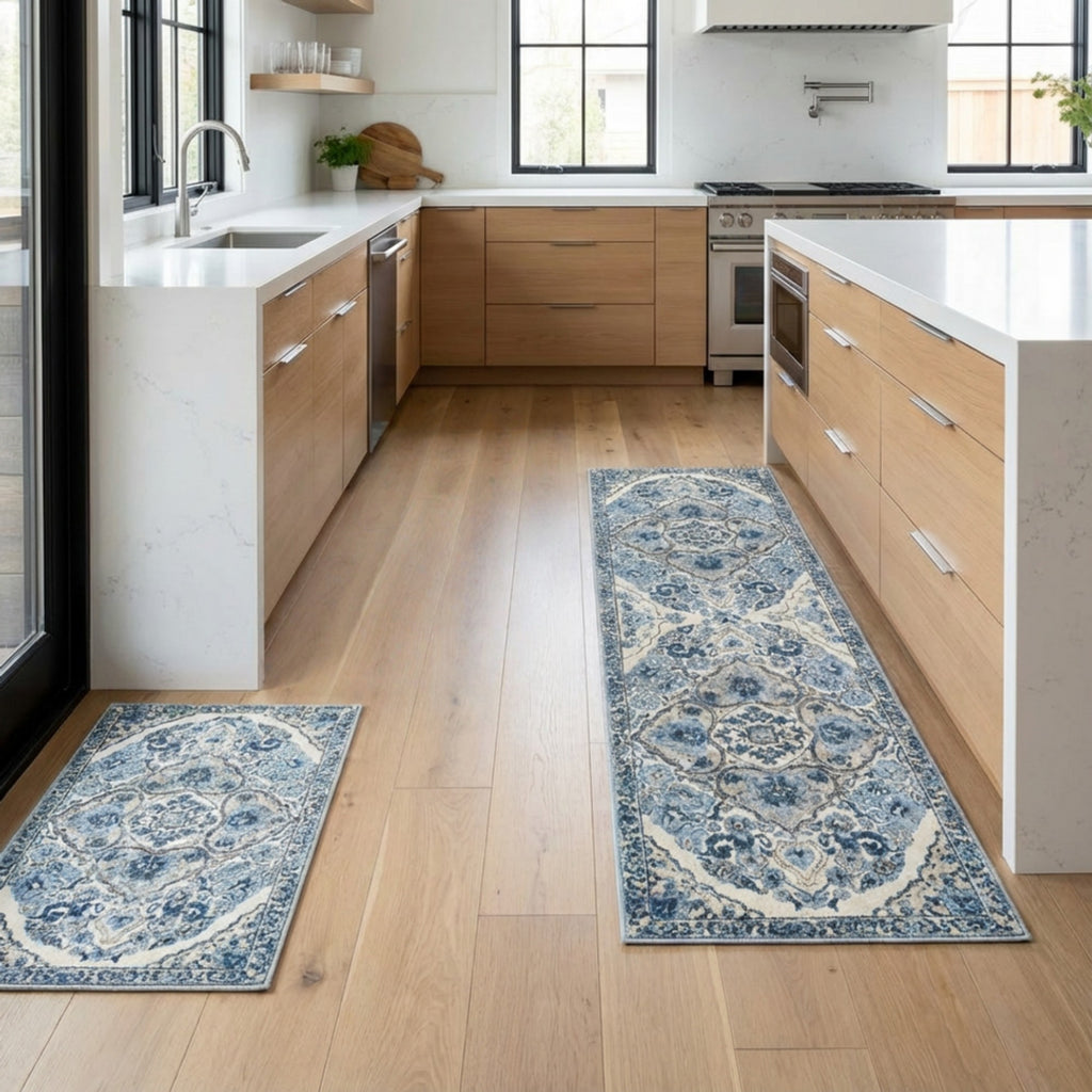 Anna-Kaci Vintage Inspired Kitchen Runner Rugs Set with Distressed Medallion Pattern Non Slip Backing 2 Piece Set