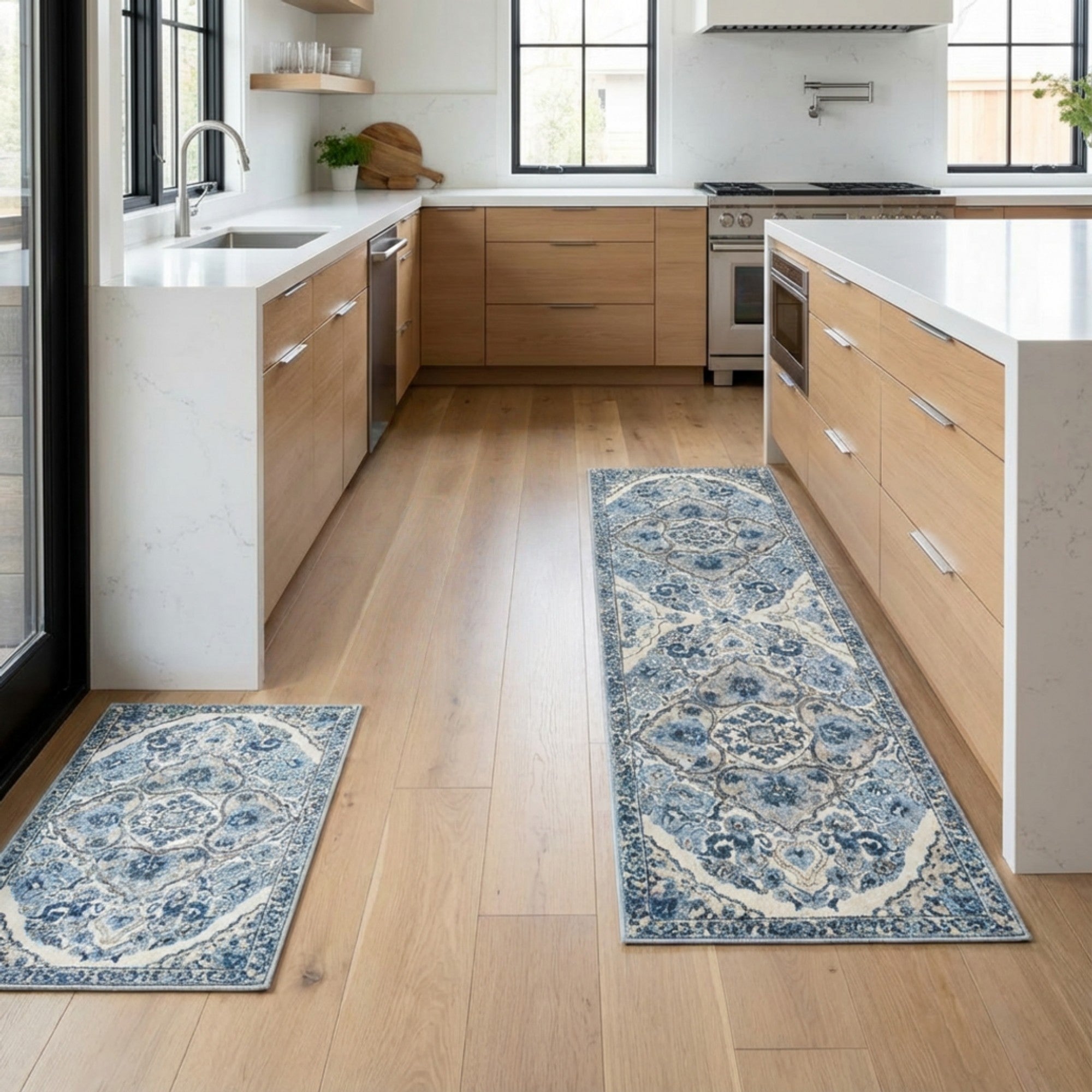 Anna-Kaci Vintage Inspired Kitchen Runner Rugs Set with Distressed Medallion Pattern Non Slip Backing 2 Piece Set