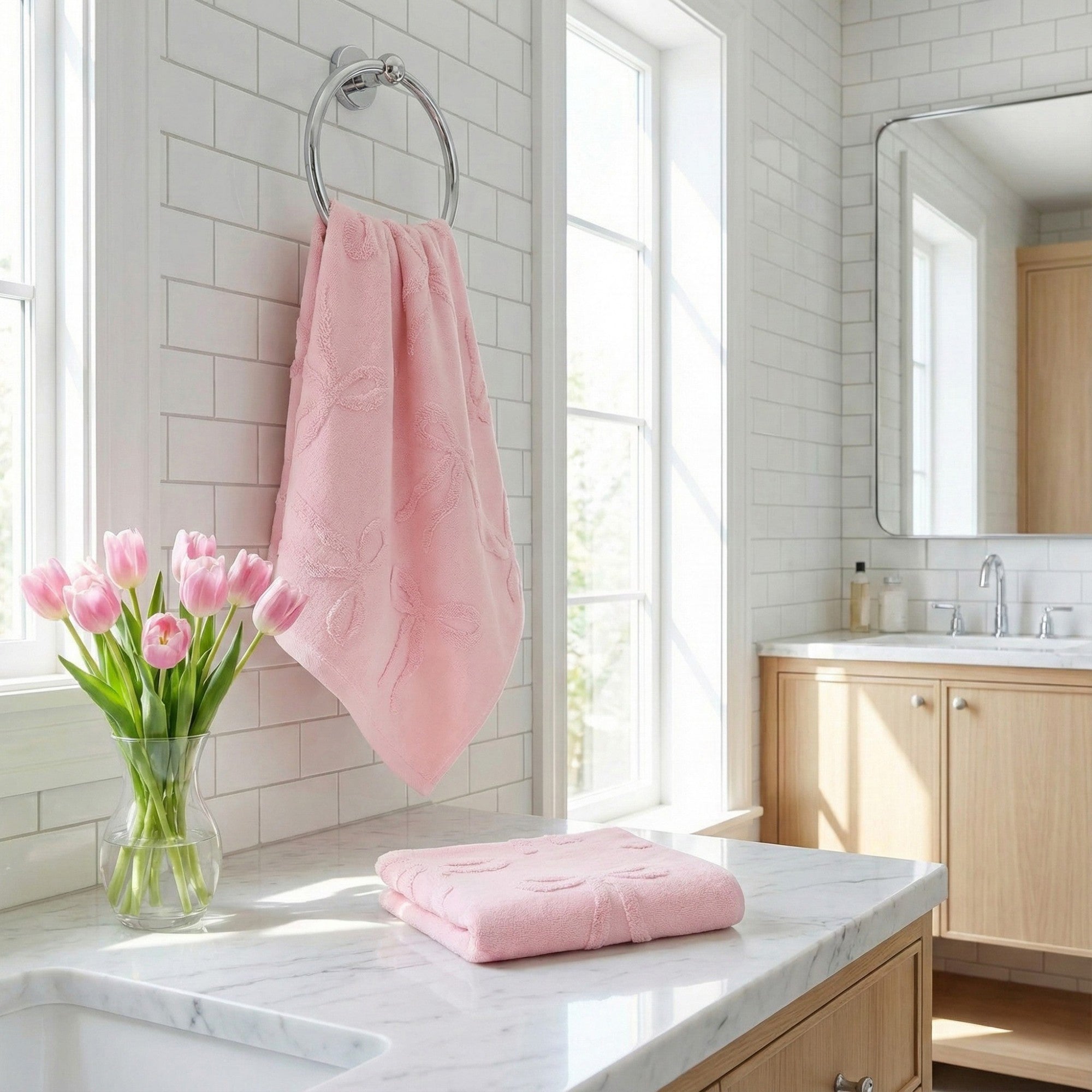 Anna-Kaci Soft Decorative Bow Textured Hand Towels Set with Raised Jacquard Design 2 Pack