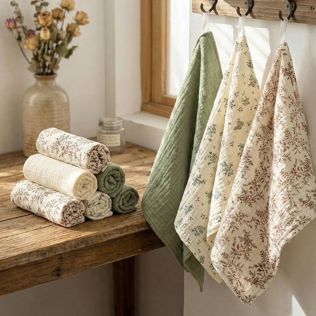 Anna-Kaci Soft Cotton Textured Kitchen Cleaning Cloths Hanging Dish Towels Floral and Solid Mix 4 Pack
