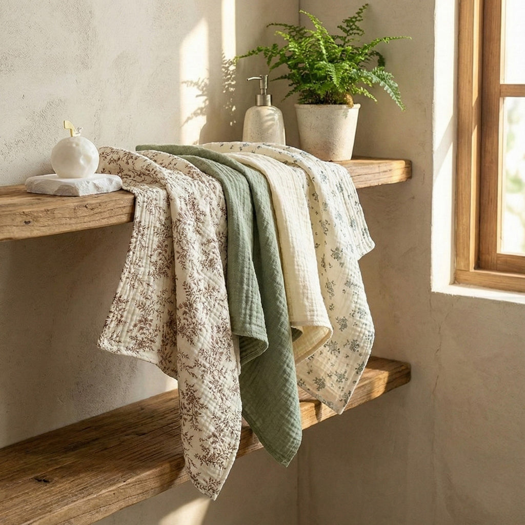 Anna-Kaci Soft Cotton Textured Kitchen Cleaning Cloths Hanging Dish Towels Floral and Solid Mix 4 Pack