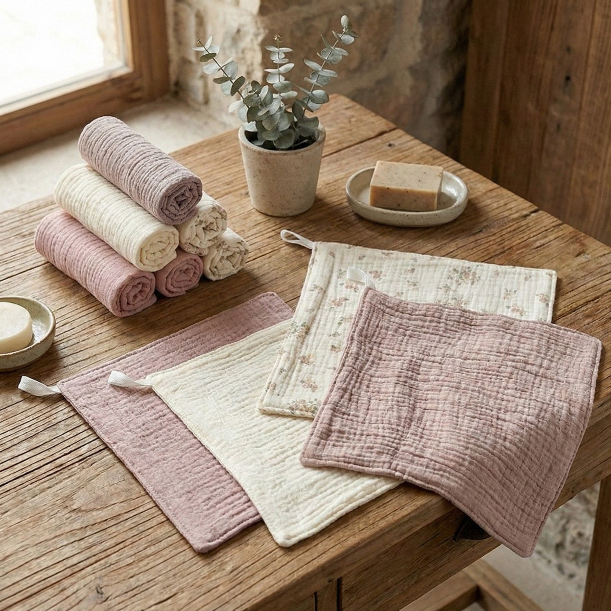 Anna-Kaci Soft Cotton Textured Kitchen Cleaning Cloths Hanging Dish Towels Floral and Solid Mix 4 Pack