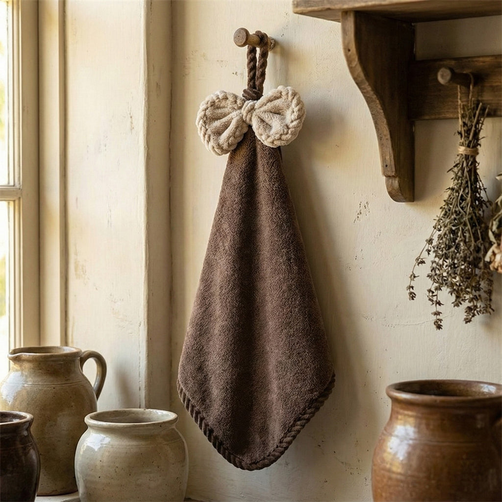 Anna-Kaci Soft Absorbent Hanging Hand Towels with Bow Detail Reusable Cleaning Cloth 2 Pack