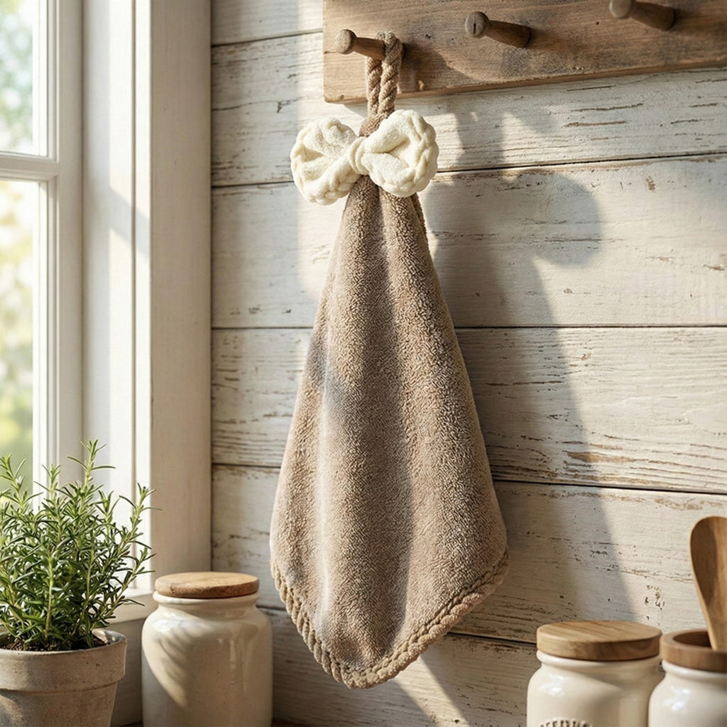 Anna-Kaci Soft Absorbent Hanging Hand Towels with Bow Detail Reusable Cleaning Cloth 2 Pack