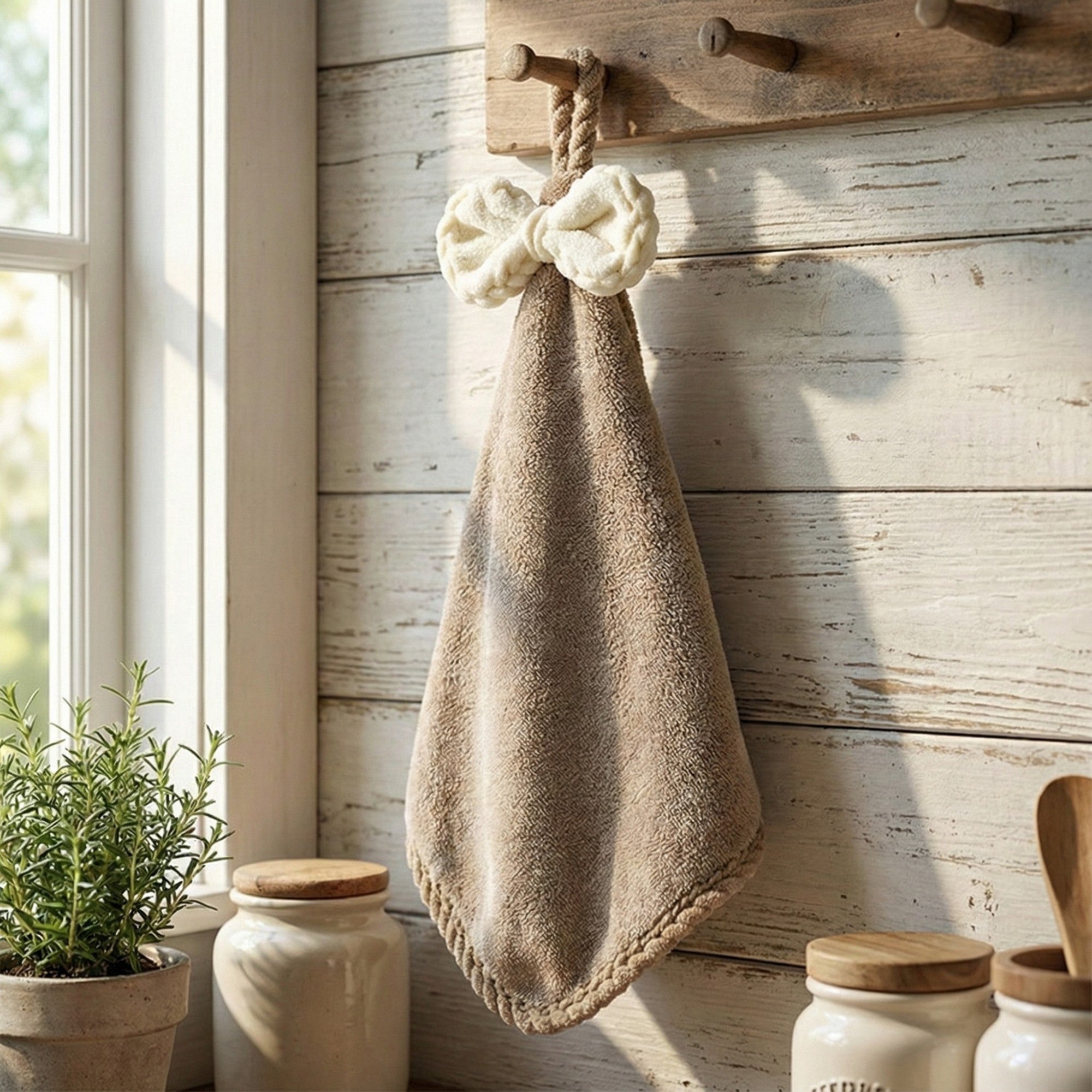 Anna-Kaci Soft Absorbent Hanging Hand Towels with Bow Detail Reusable Cleaning Cloth 2 Pack