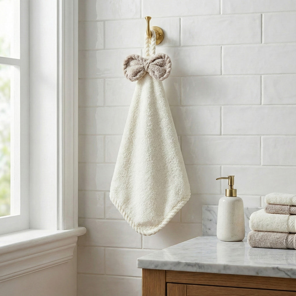 Anna-Kaci Soft Absorbent Hanging Hand Towels with Bow Detail Reusable Cleaning Cloth 2 Pack