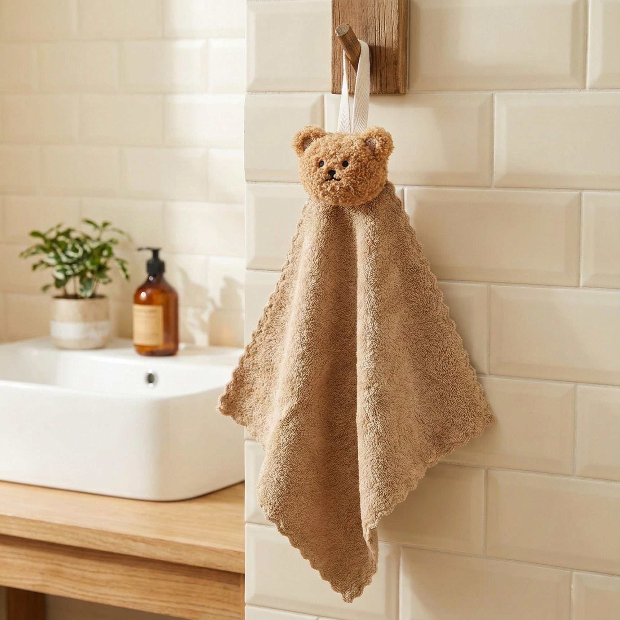 Anna-Kaci Soft Absorbent Hanging Washcloths with Bear Accent 3 Pack Reusable Cleaning Cloths