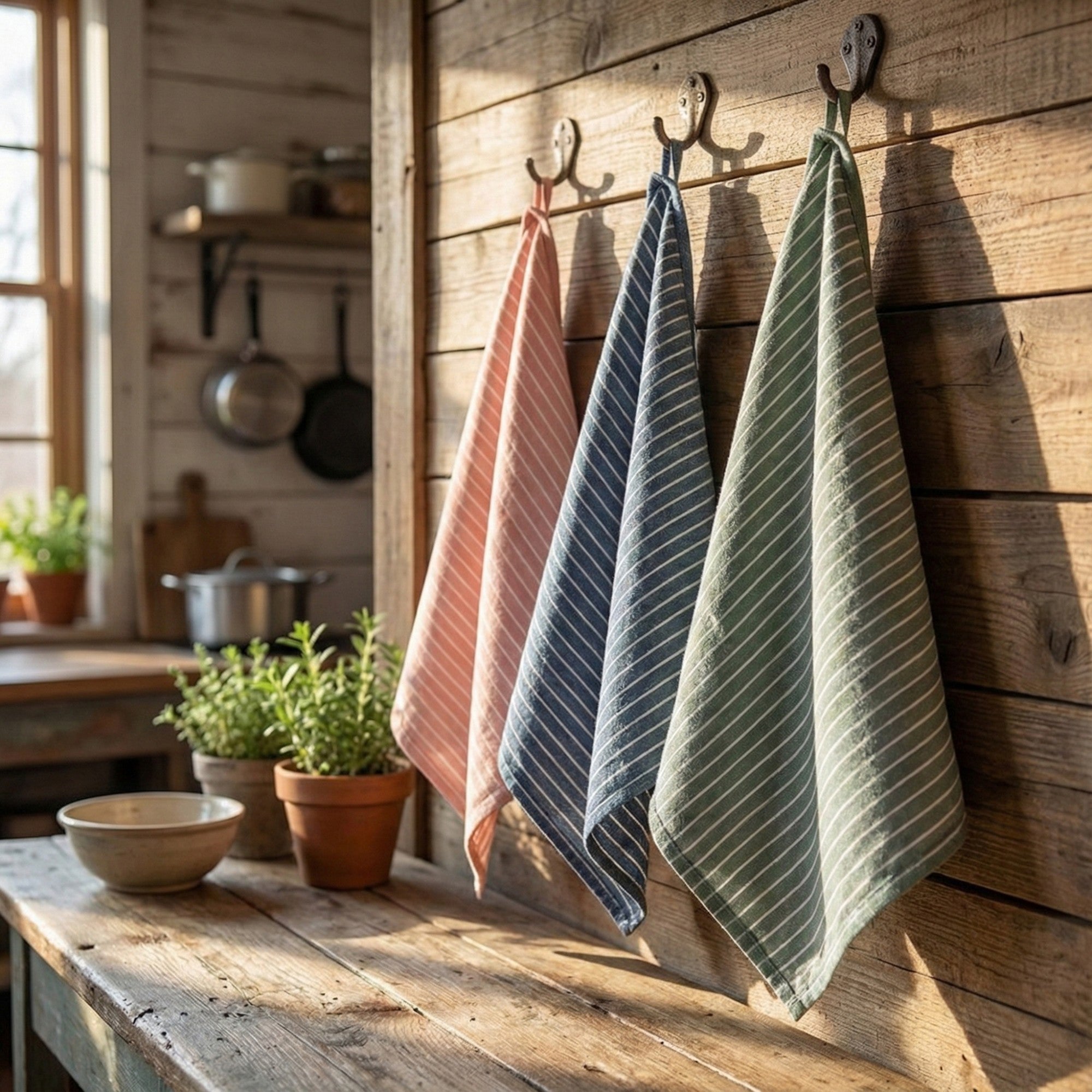 Alilang 3-PC Striped Kitchen Towels Set with Hanging Loop Soft Absorbent Fabric for Everyday Drying and Cleaning