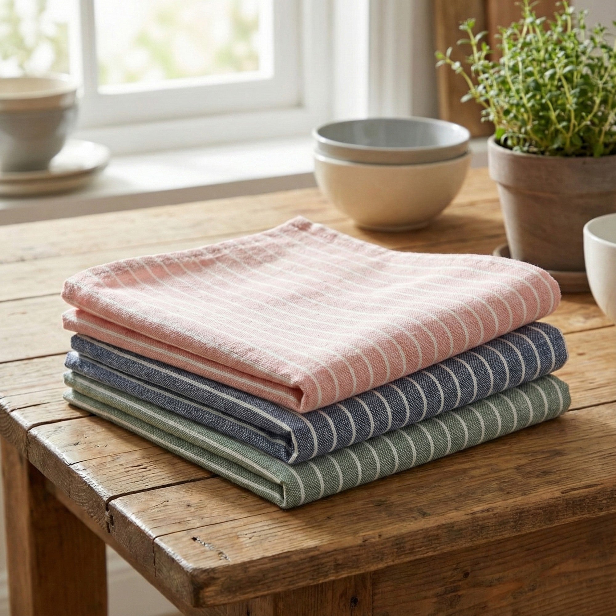 Alilang 3-PC Striped Kitchen Towels Set with Hanging Loop Soft Absorbent Fabric for Everyday Drying and Cleaning