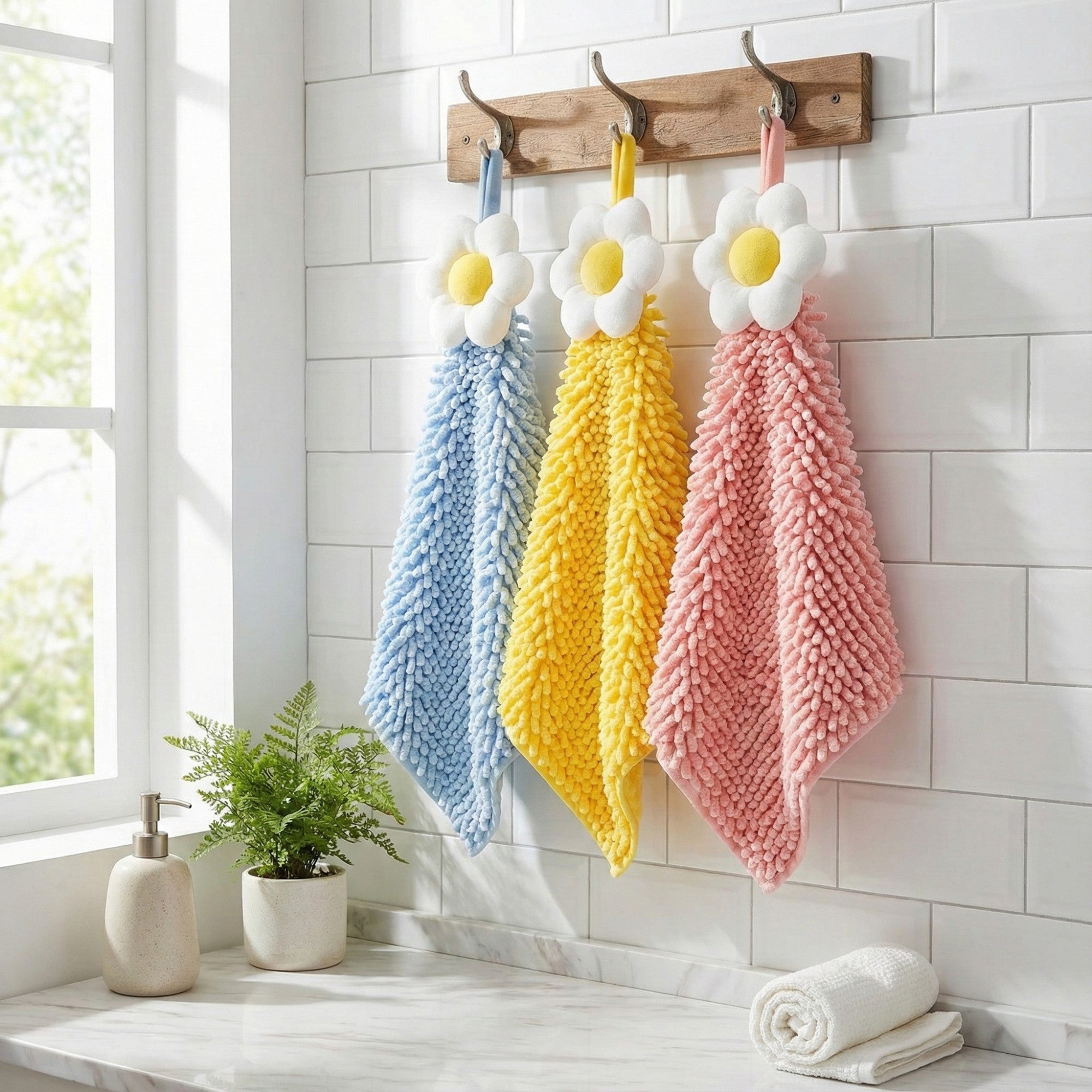 Alilang 3-PC Flower Hanging Microfiber Cleaning Towels Set with Loop Soft Absorbent Scrubber Design for Kitchen and Bathroom Use