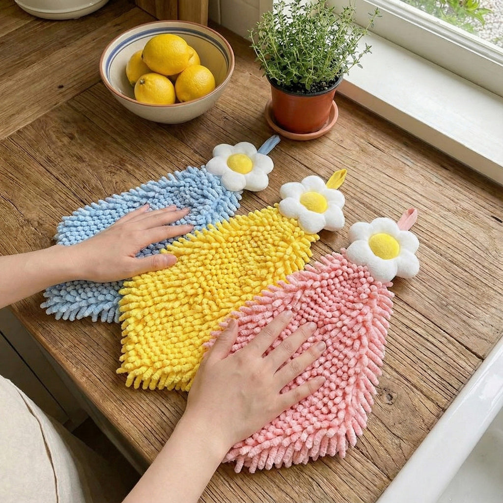 Alilang 3-PC Flower Hanging Microfiber Cleaning Towels Set with Loop Soft Absorbent Scrubber Design for Kitchen and Bathroom Use