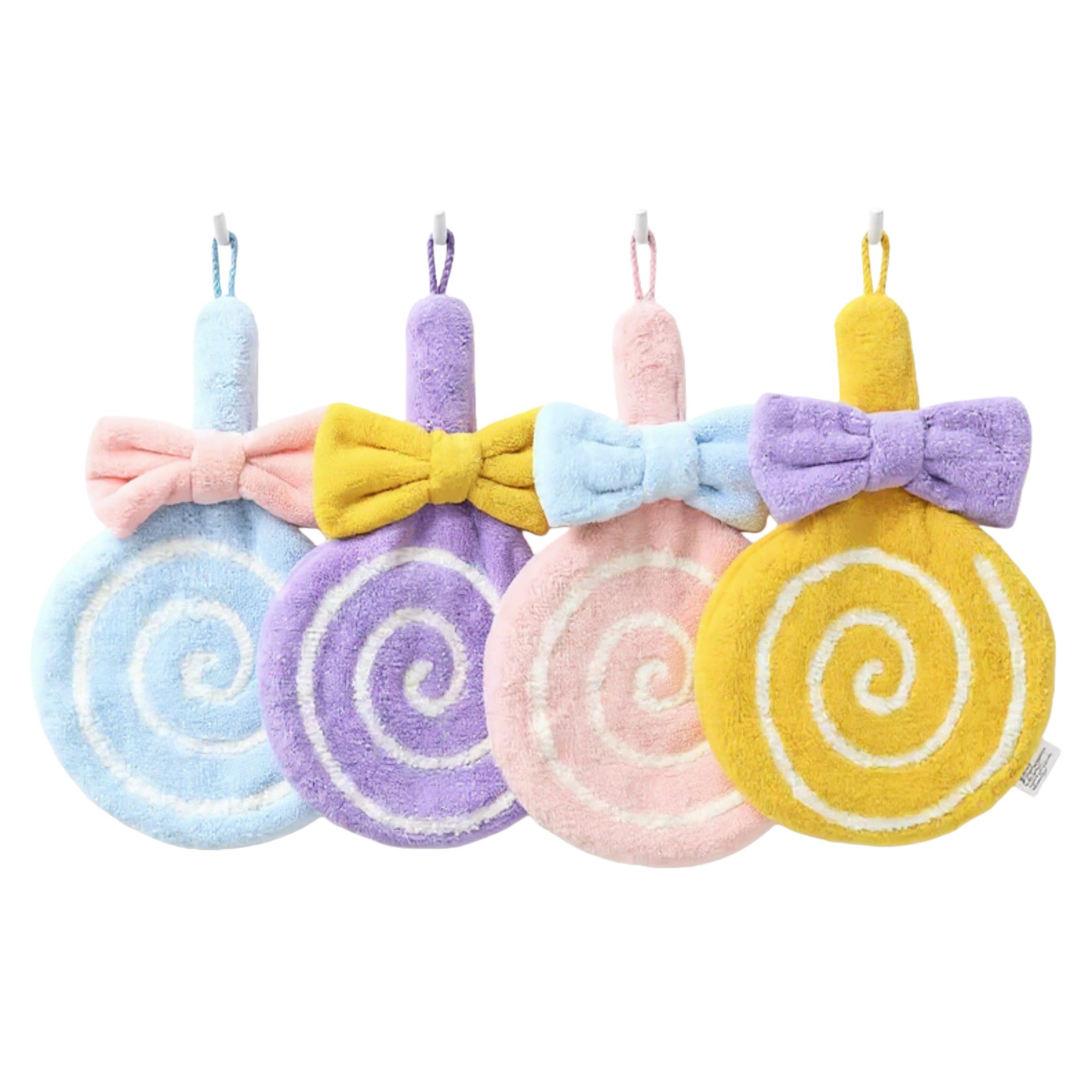Alilang 4-PC Lollipop Shaped Hanging Microfiber Hand Towels Set Soft Plush Absorbent Design with Bow Detail and Loop
