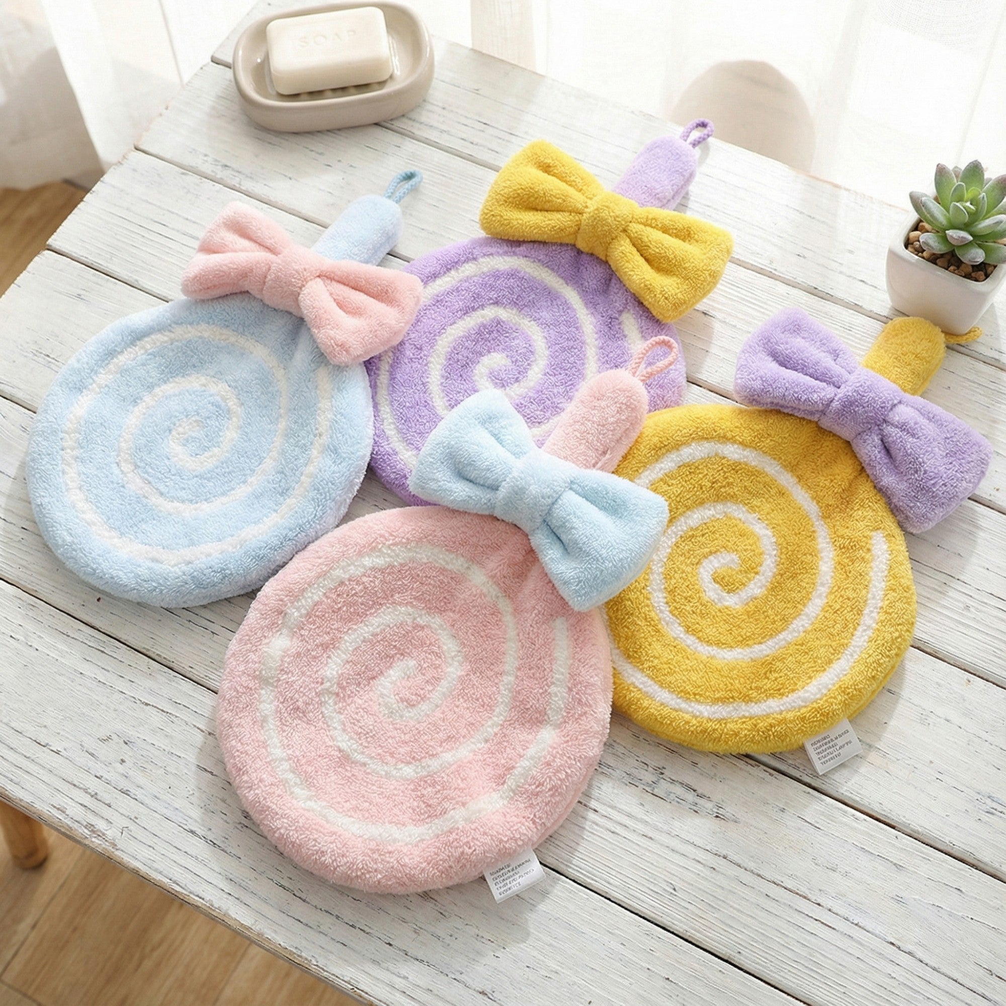 Alilang 4-PC Lollipop Shaped Hanging Microfiber Hand Towels Set Soft Plush Absorbent Design with Bow Detail and Loop