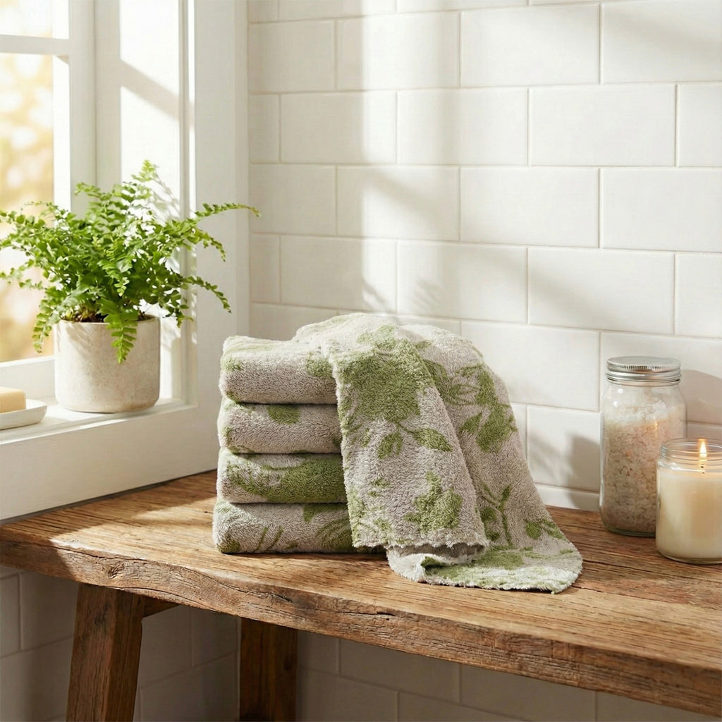 Alilang 4-PC Botanical Pattern Plush Hand Towels Set Soft Absorbent Textured Fabric for Kitchen Bathroom or Guest Use