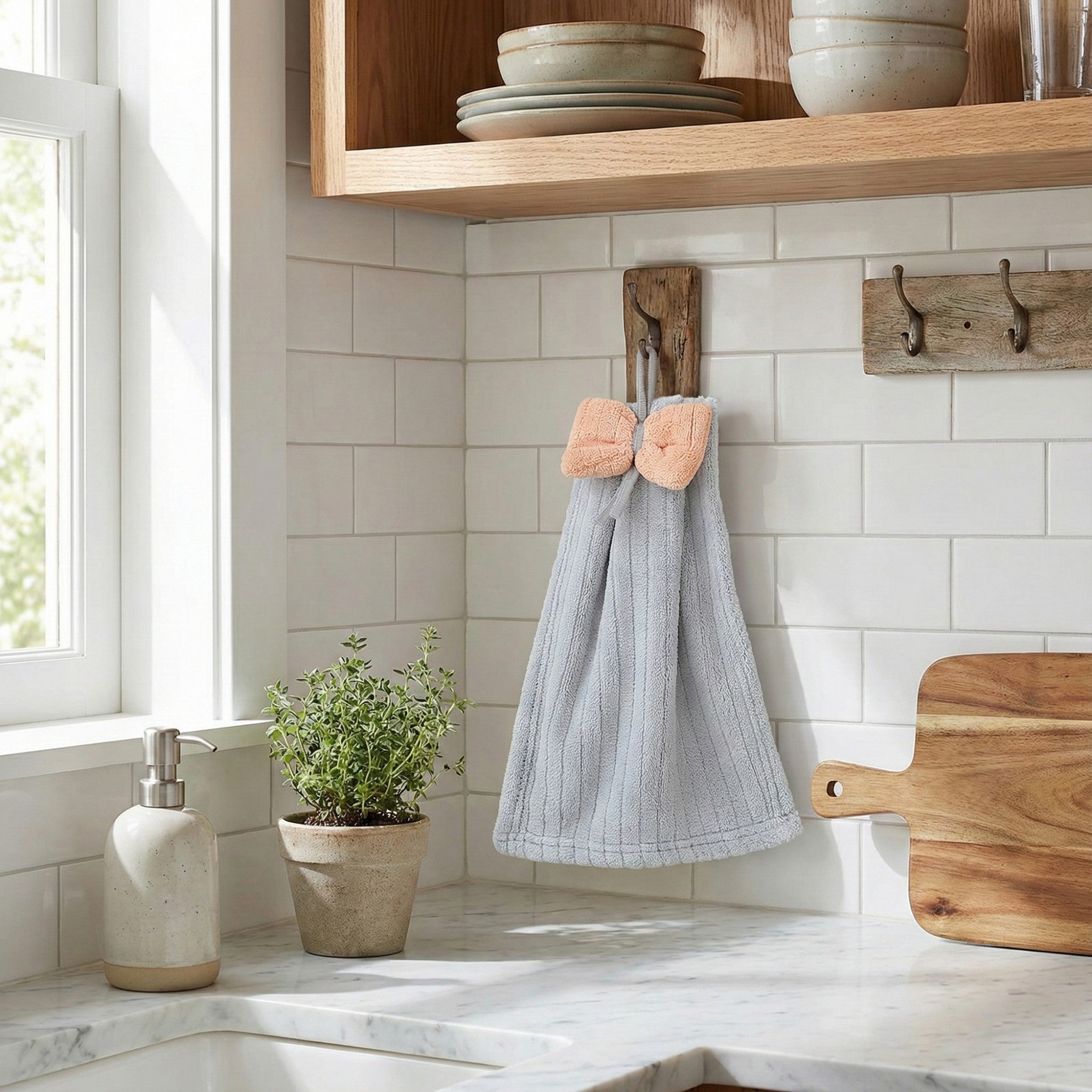 Alilang 3 Pack Hanging Kitchen Hand Towels Soft Absorbent Ribbed Towels with Decorative Bow and Loop