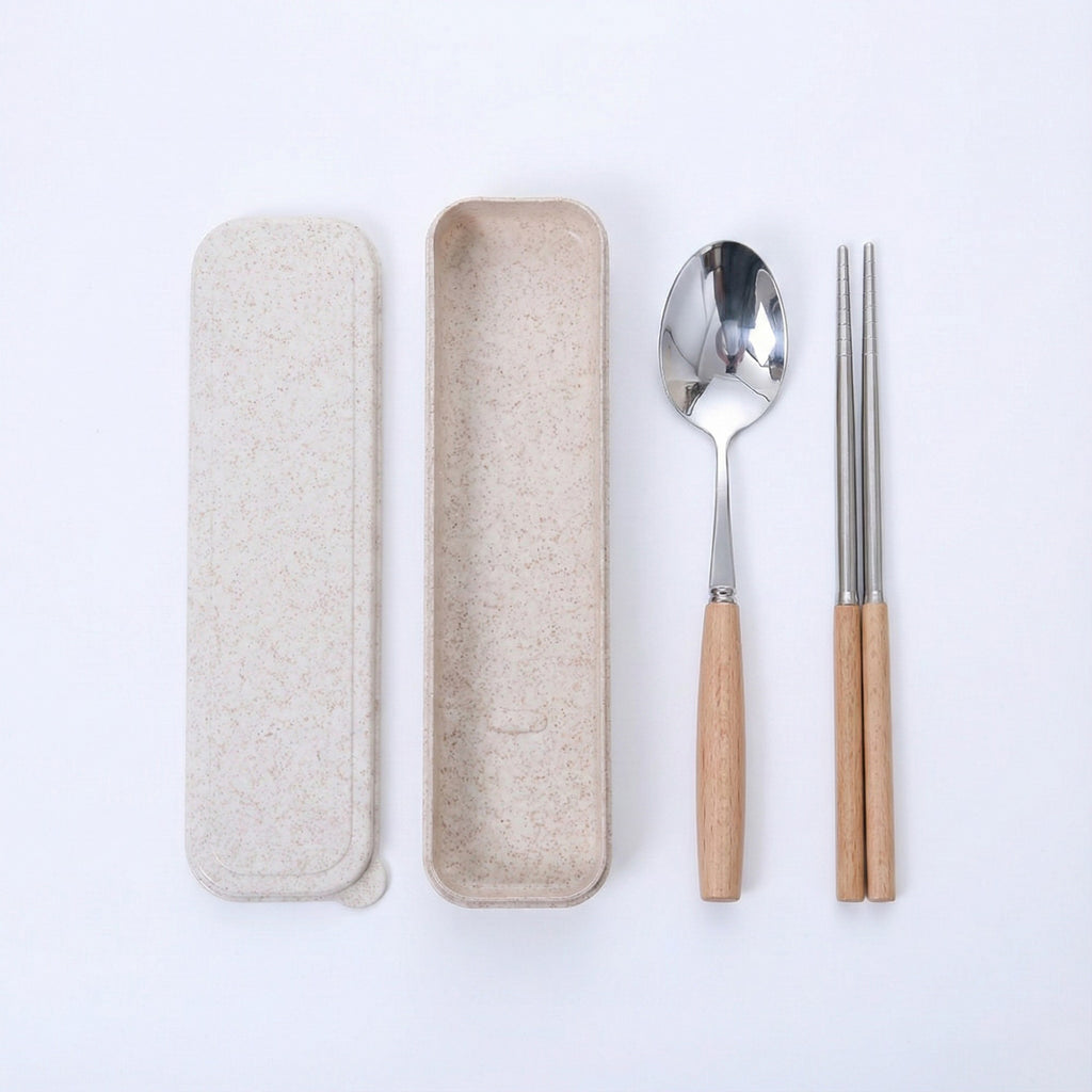 Anna-Kaci Portable Flatware 3 Piece Set with Spoon Chopsticks and Slim Travel Storage Case
