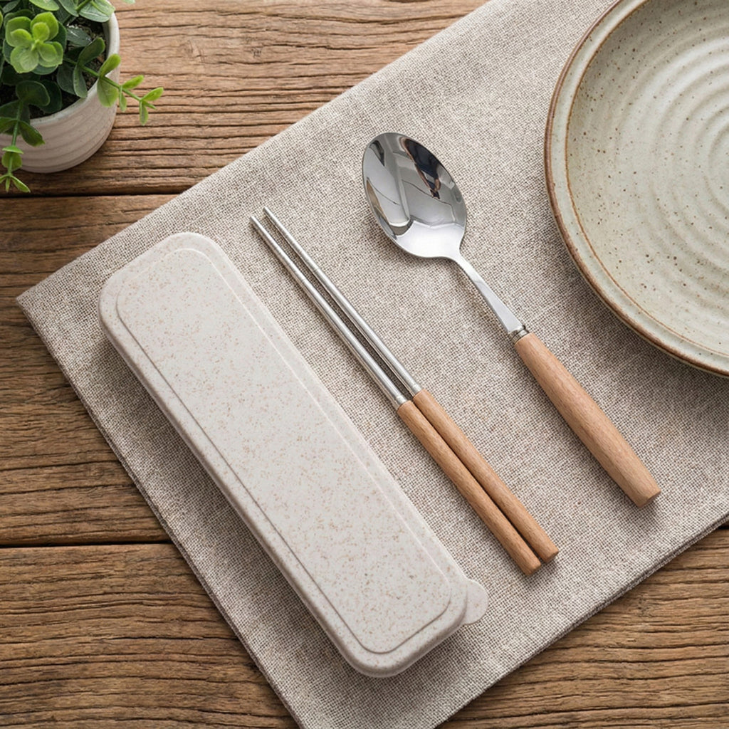 Anna-Kaci Portable Flatware 3 Piece Set with Spoon Chopsticks and Slim Travel Storage Case
