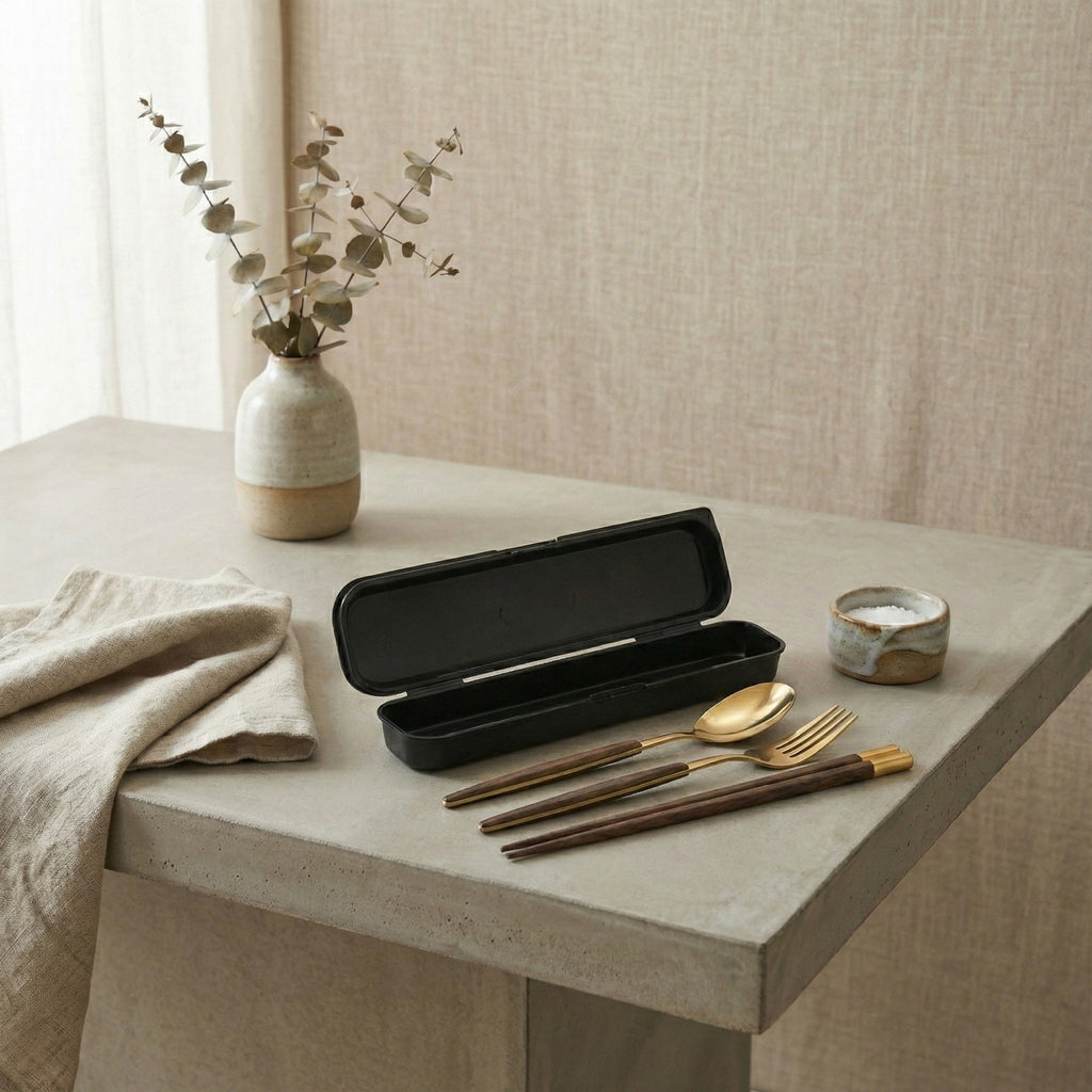 Anna-Kaci Portable Flatware 4 Piece Set with Spoon Fork Chopsticks and Slim Travel Storage Case