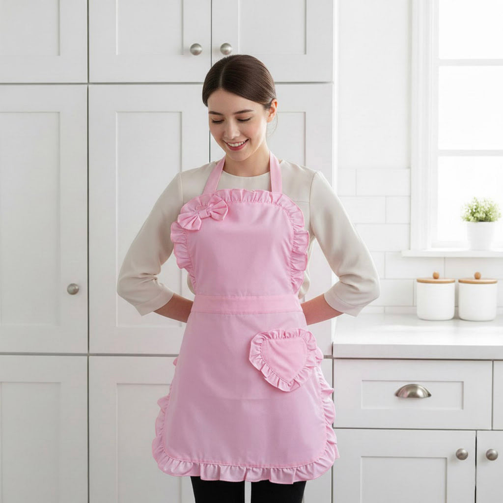 Anna-Kaci Ruffle Trim Valentine Heart Pocket Kitchen Apron with Adjustable Neck and Waist Ties