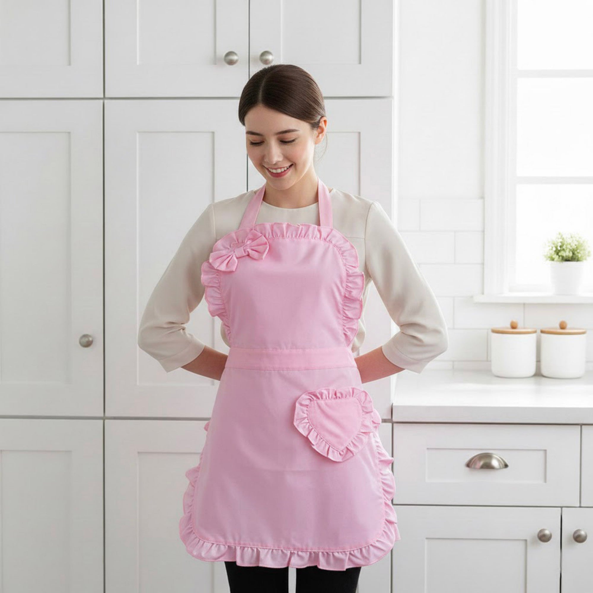 Anna-Kaci Ruffle Trim Valentine Heart Pocket Kitchen Apron with Adjustable Neck and Waist Ties