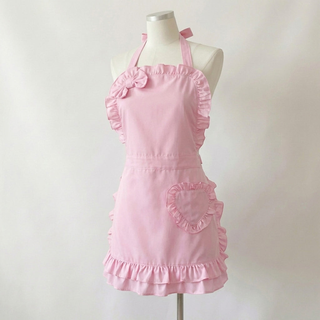 Anna-Kaci Ruffle Trim Valentine Heart Pocket Kitchen Apron with Adjustable Neck and Waist Ties