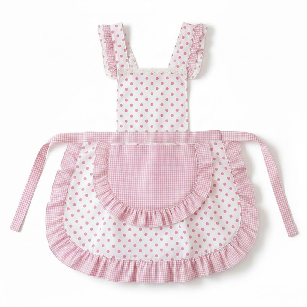 Anna-Kaci Polka Dot Gingham Ruffle Trim Kitchen Apron with Adjustable Straps and Front Pocket