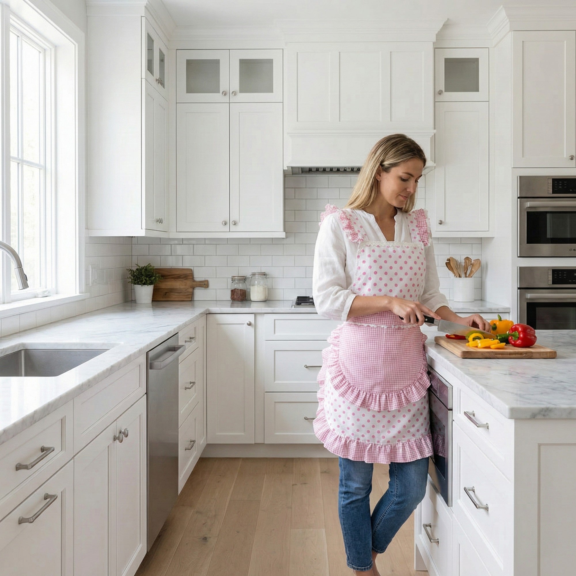 Anna-Kaci Polka Dot Gingham Ruffle Trim Kitchen Apron with Adjustable Straps and Front Pocket