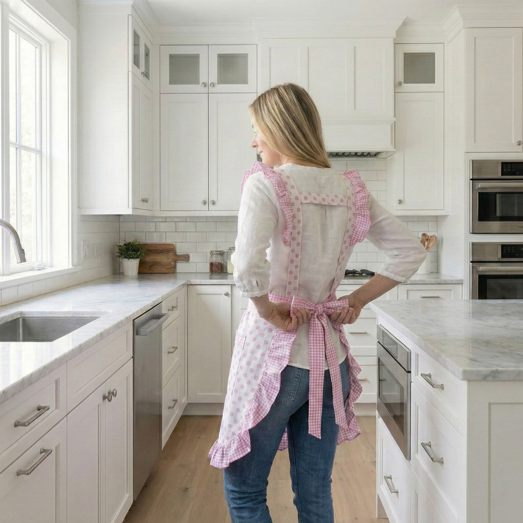 Anna-Kaci Polka Dot Gingham Ruffle Trim Kitchen Apron with Adjustable Straps and Front Pocket