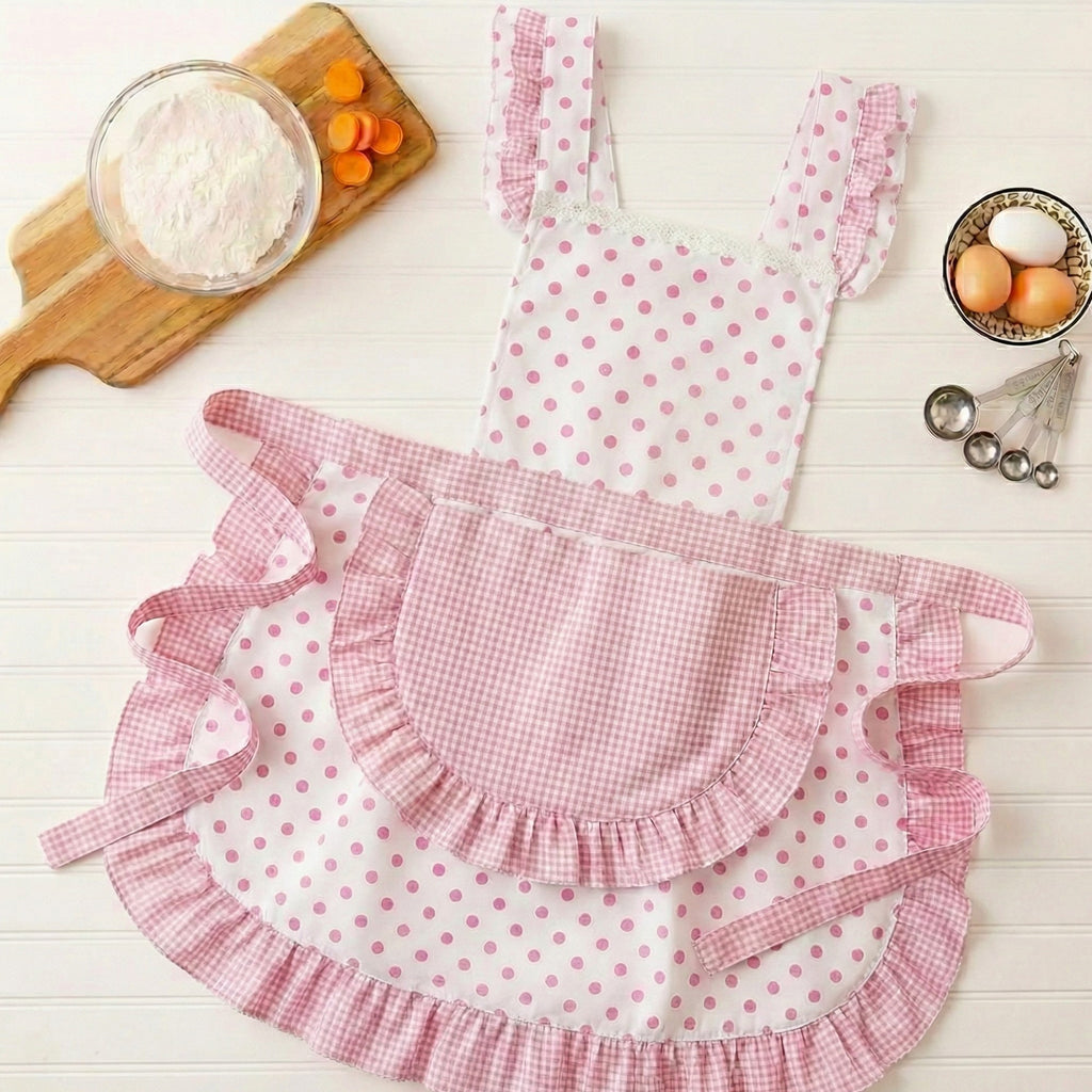 Anna-Kaci Polka Dot Gingham Ruffle Trim Kitchen Apron with Adjustable Straps and Front Pocket