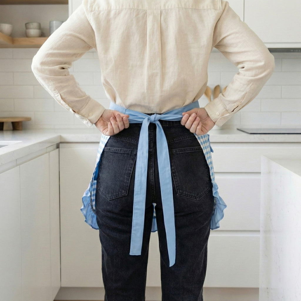 Anna-Kaci Gingham Kitchen Apron with Ruffle Trim Adjustable Waist Ties Bow Pocket Details and Front Coverage