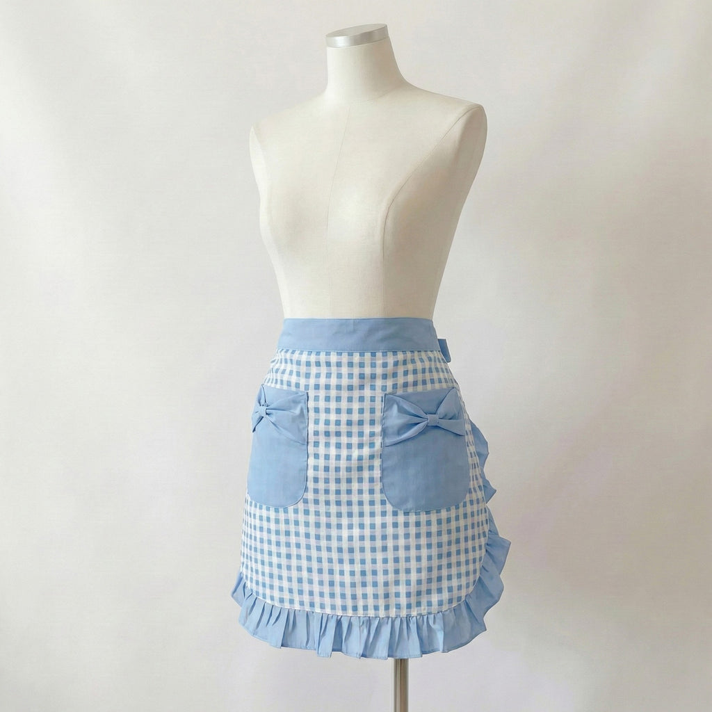 Anna-Kaci Gingham Kitchen Apron with Ruffle Trim Adjustable Waist Ties Bow Pocket Details and Front Coverage