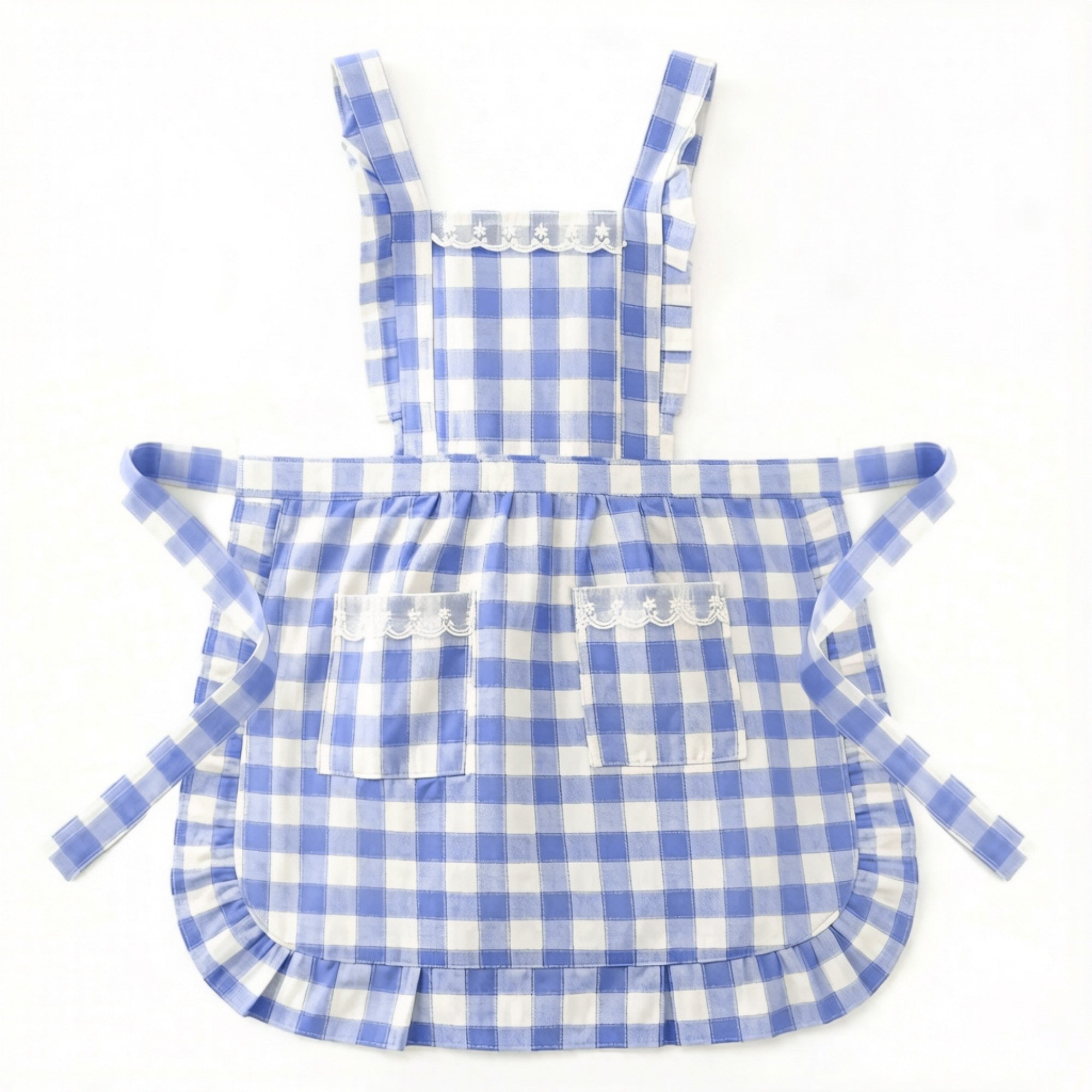 Anna-Kaci Gingham Kitchen Apron with Ruffle Trim Adjustable Waist Ties Lace Bib Detail and Front Pocket