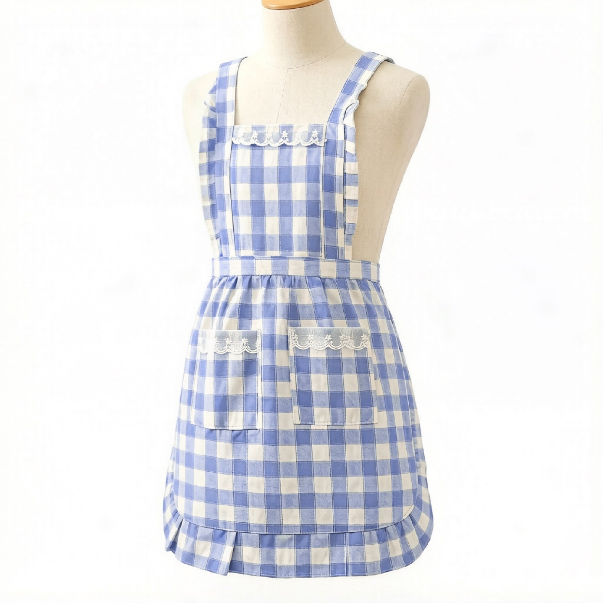 Anna-Kaci Gingham Kitchen Apron with Ruffle Trim Adjustable Waist Ties Lace Bib Detail and Front Pocket