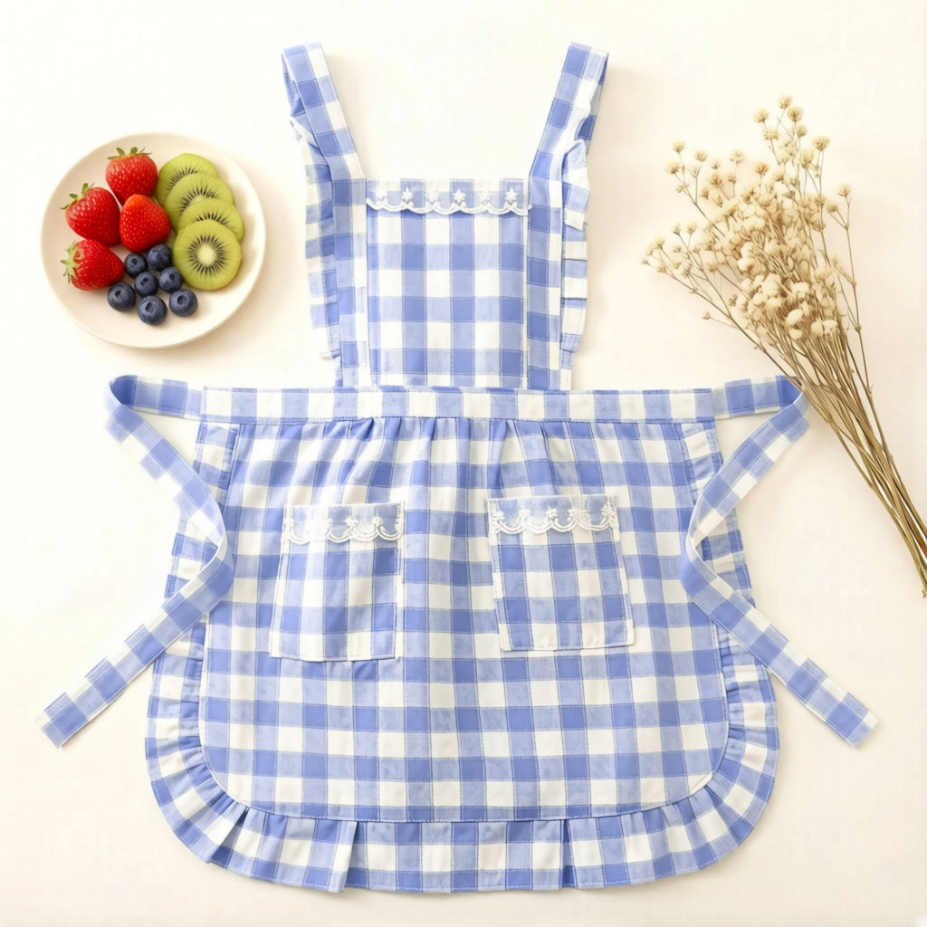 Anna-Kaci Gingham Kitchen Apron with Ruffle Trim Adjustable Waist Ties Lace Bib Detail and Front Pocket