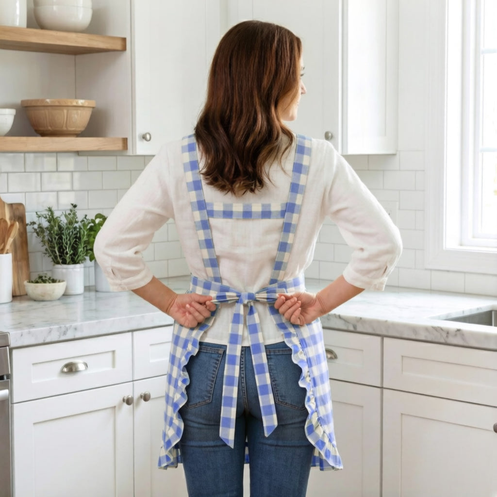 Anna-Kaci Gingham Kitchen Apron with Ruffle Trim Adjustable Waist Ties Lace Bib Detail and Front Pocket