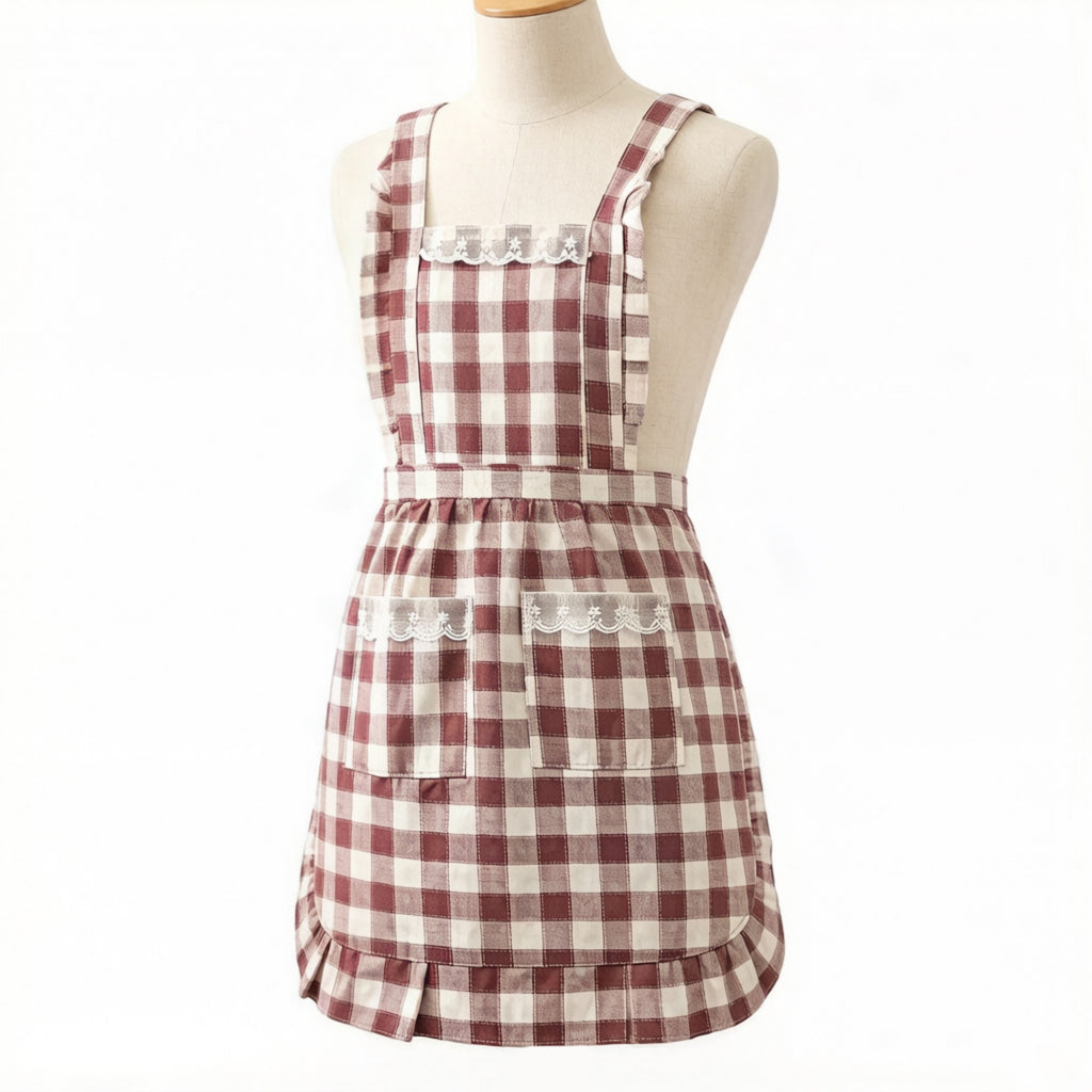Anna-Kaci Gingham Kitchen Apron with Ruffle Trim Adjustable Waist Ties Lace Bib Detail and Front Pocket