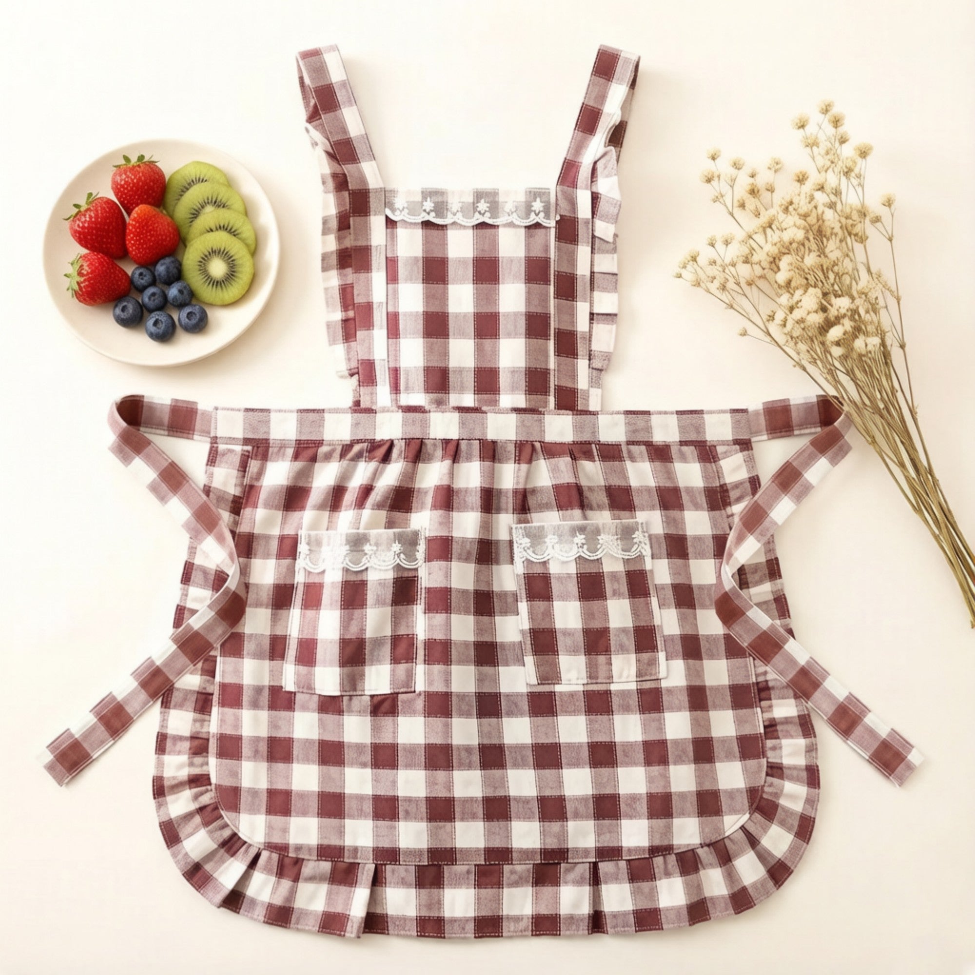 Anna-Kaci Gingham Kitchen Apron with Ruffle Trim Adjustable Waist Ties Lace Bib Detail and Front Pocket