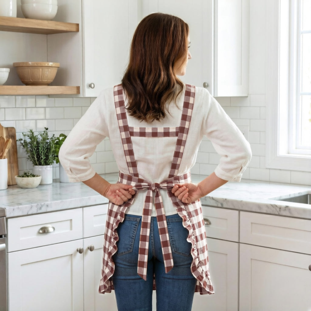Anna-Kaci Gingham Kitchen Apron with Ruffle Trim Adjustable Waist Ties Lace Bib Detail and Front Pocket