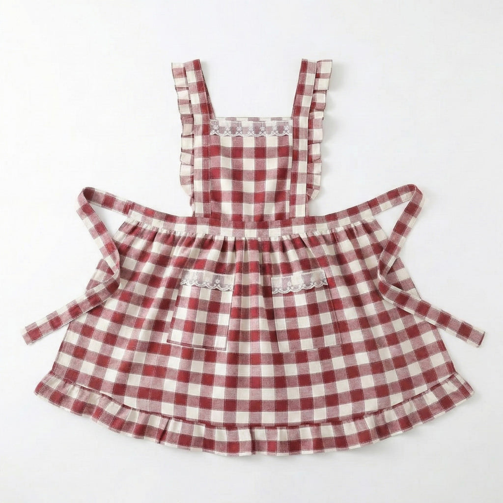 Anna-Kaci Gingham Kitchen Apron with Ruffle Trim Adjustable Waist Ties Lace Bib Detail and Front Pocket