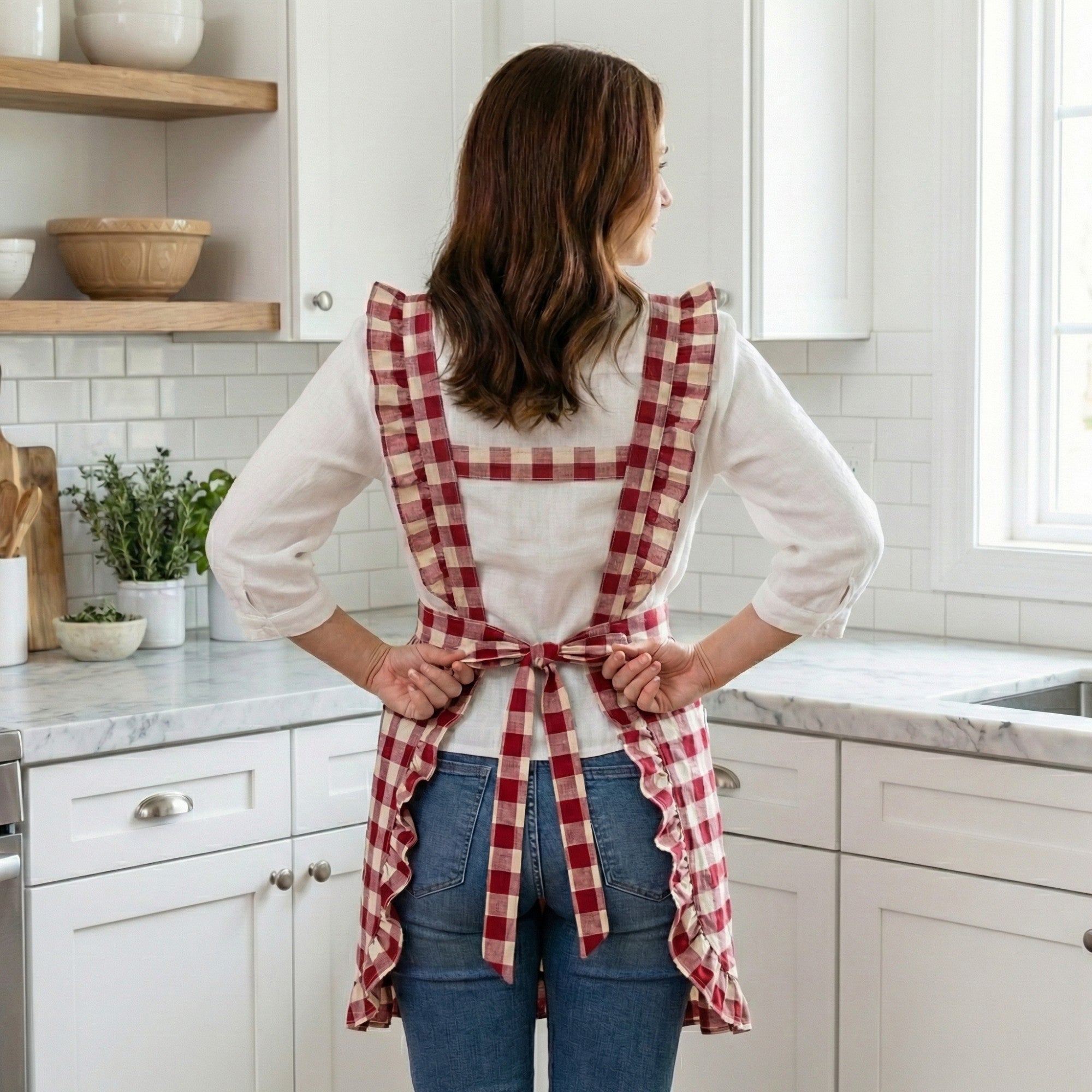 Anna-Kaci Gingham Kitchen Apron with Ruffle Trim Adjustable Waist Ties Lace Bib Detail and Front Pocket